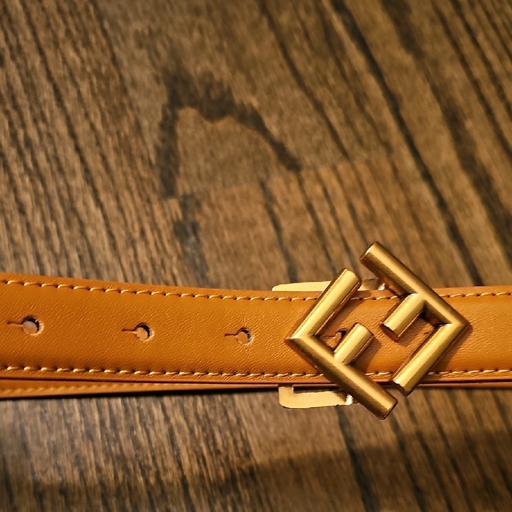 Tan Leather Belt with Gold Geometric Buckle - Picture 6 of 6